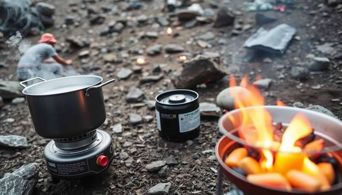 A Jetboil Luna Satellite Burner set up for outdoor cooking. A Jetboil Luna Satellite Burner set up for outdoor cooking.